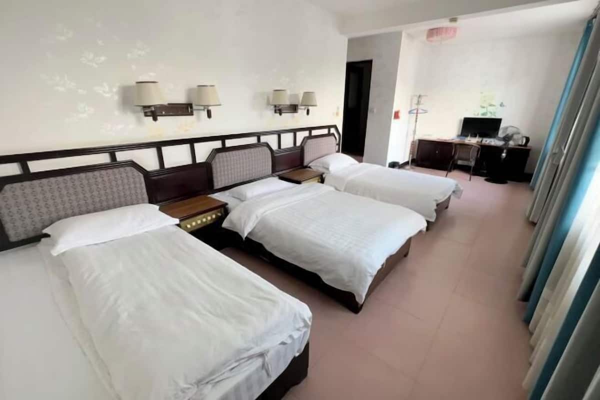 A hotel room with three beds, a desk with a computer, and a wardrobe.