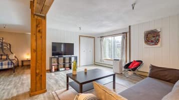 Televisio, takka, DVD-soitin, pöytäjalkapallopöytä