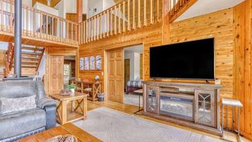 Televisión, chimenea, reproductor de DVD y oficina