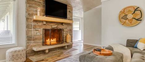 TV, fireplace, DVD player, foosball