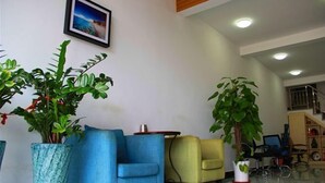 Un vestíbulo moderno con dos sofás, una mesita y plantas en macetas.