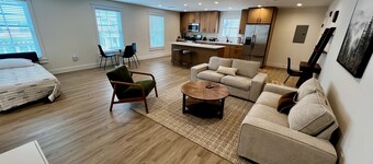 Luxury New 1BR 950 sq ft apartment. Sleeps 4. Stocked Kitchen, 2 Tvs, Parking.