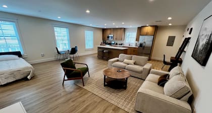 Luxury New 1BR 950 sq ft apartment. Sleeps 4. Stocked Kitchen, 2 Tvs, Parking.