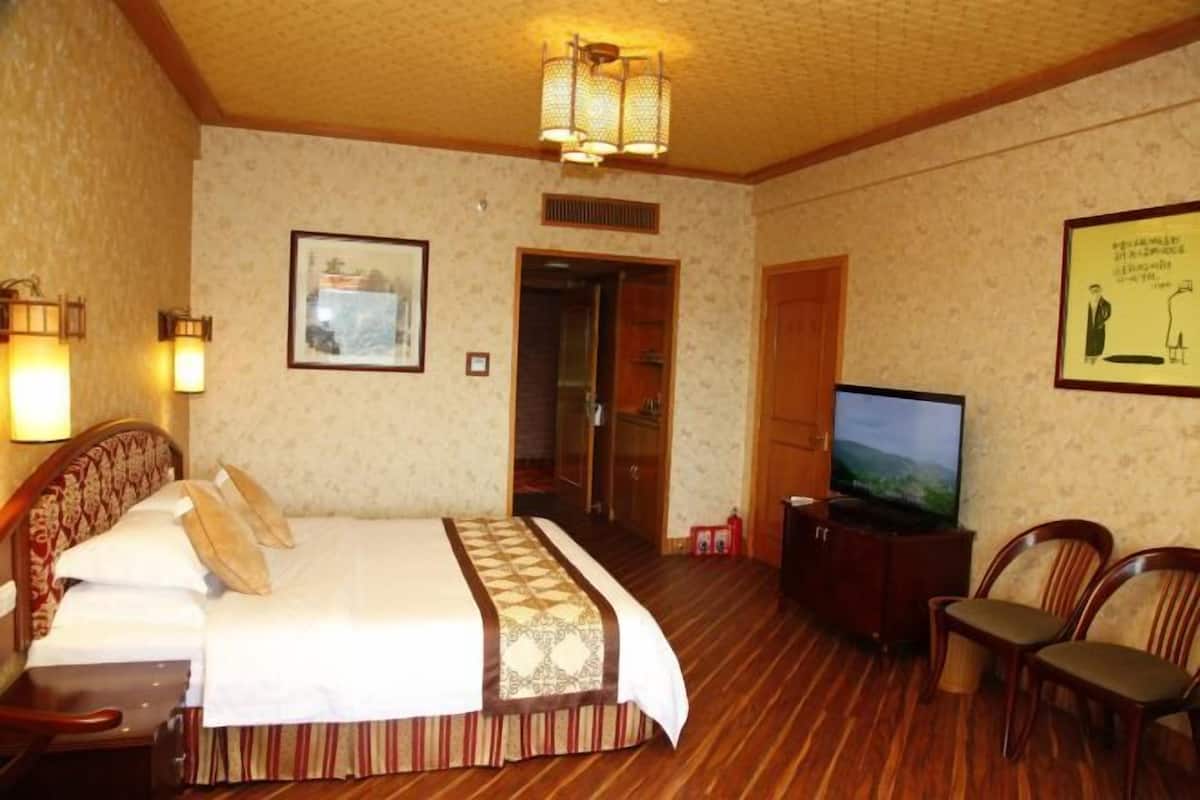 A hotel room with a bed, a television, a desk, and a chair.