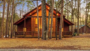 A log cabin with a porch, surrounded by tall trees.