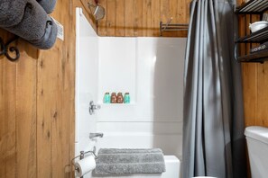 Hair dryer, towels, soap, shampoo