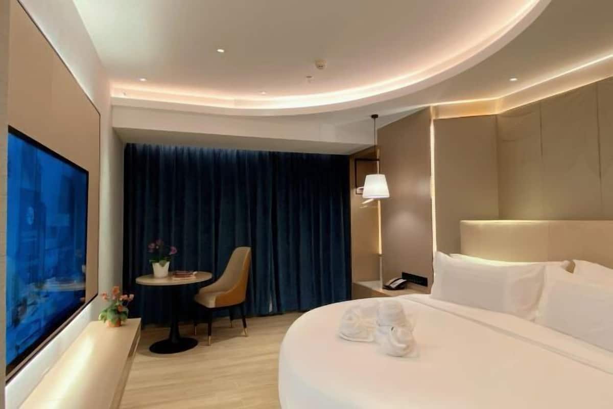 Hotelkamer met een groot bed, een bureau, een stoel, een televisie en uitzicht op de stad.