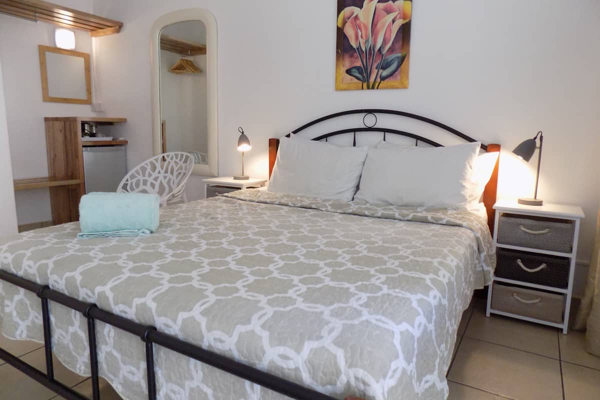 A bedroom with a bed, two bedside tables, a nightstand, a mirror, a wardrobe, and a painting on the wall.