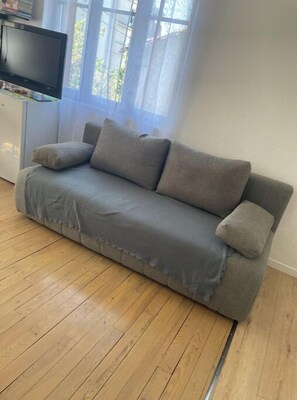 Relax in this stylish living room with a sofa, throw blanket, and flat-screen TV.