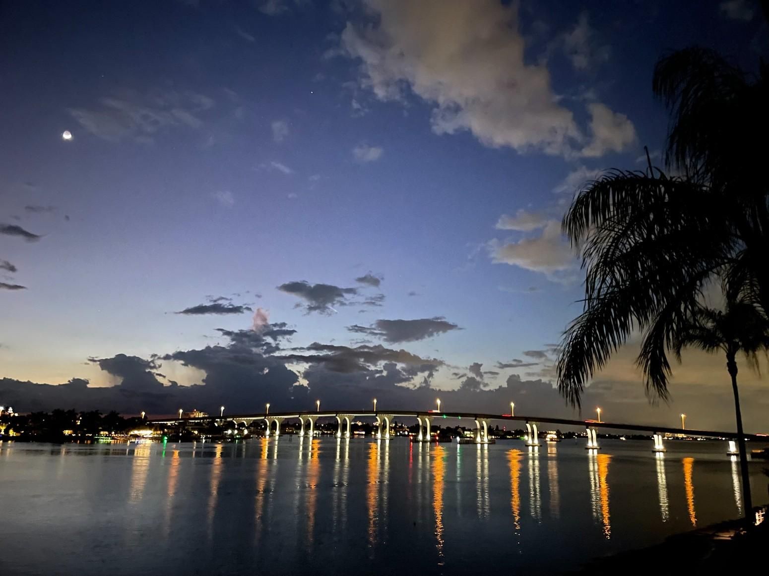 Vista nocturna de un puente iluminado, con reflejos en un agua tranquila, una palmera a la derecha y el horizonte de una ciudad al fondo.