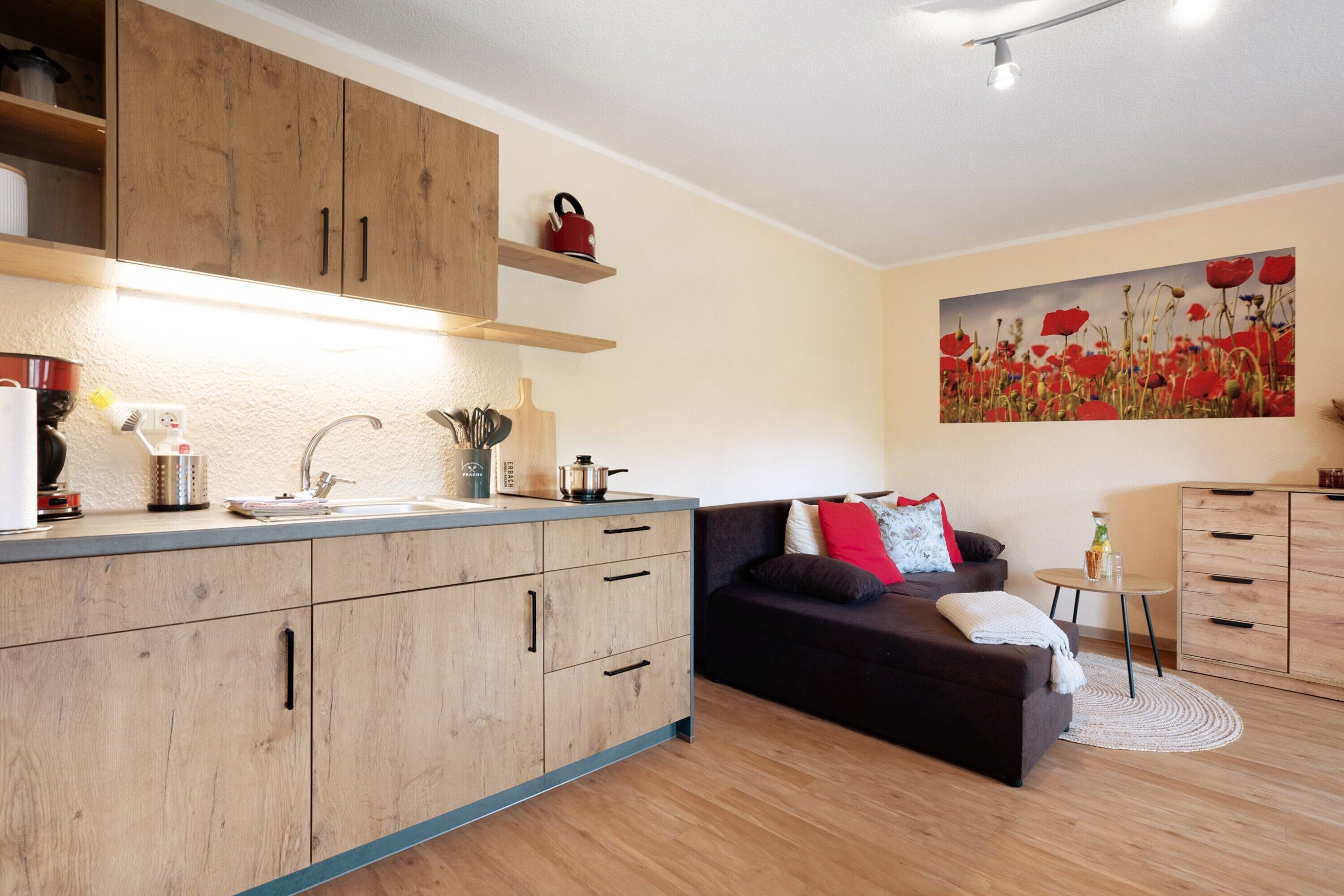 A modern kitchen with wooden cabinets, a built-in stove, and a sink. There is a dark-colored sofa with red and white cushions, a small round table, and a painting of red flowers on the wall.