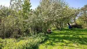 En have med blomstrende træer, en bænk og en blå tønde.