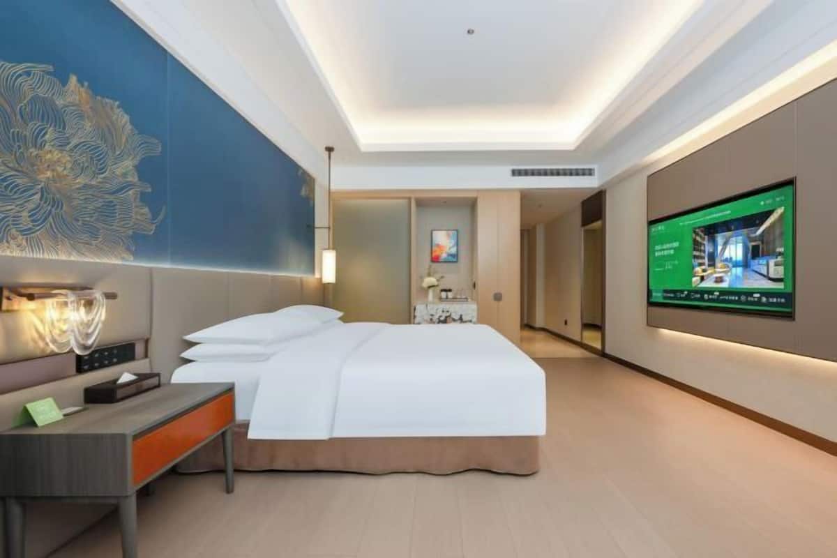 Ein modernes Hotelzimmer mit einem großen Bett, einem Nachttisch und einem an der Wand befestigten Fernseher.