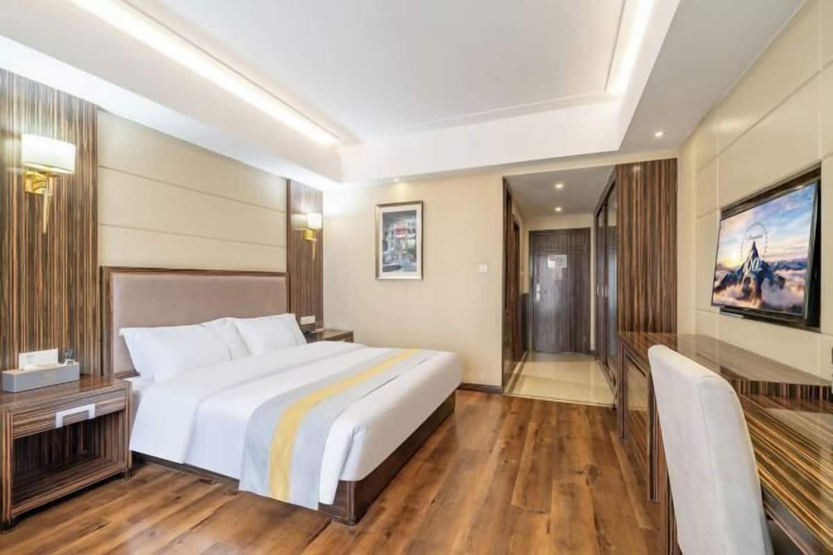 Une chambre d’hôtel avec un grand lit, des tables de chevet, une télévision et une vue sur le paysage urbain.