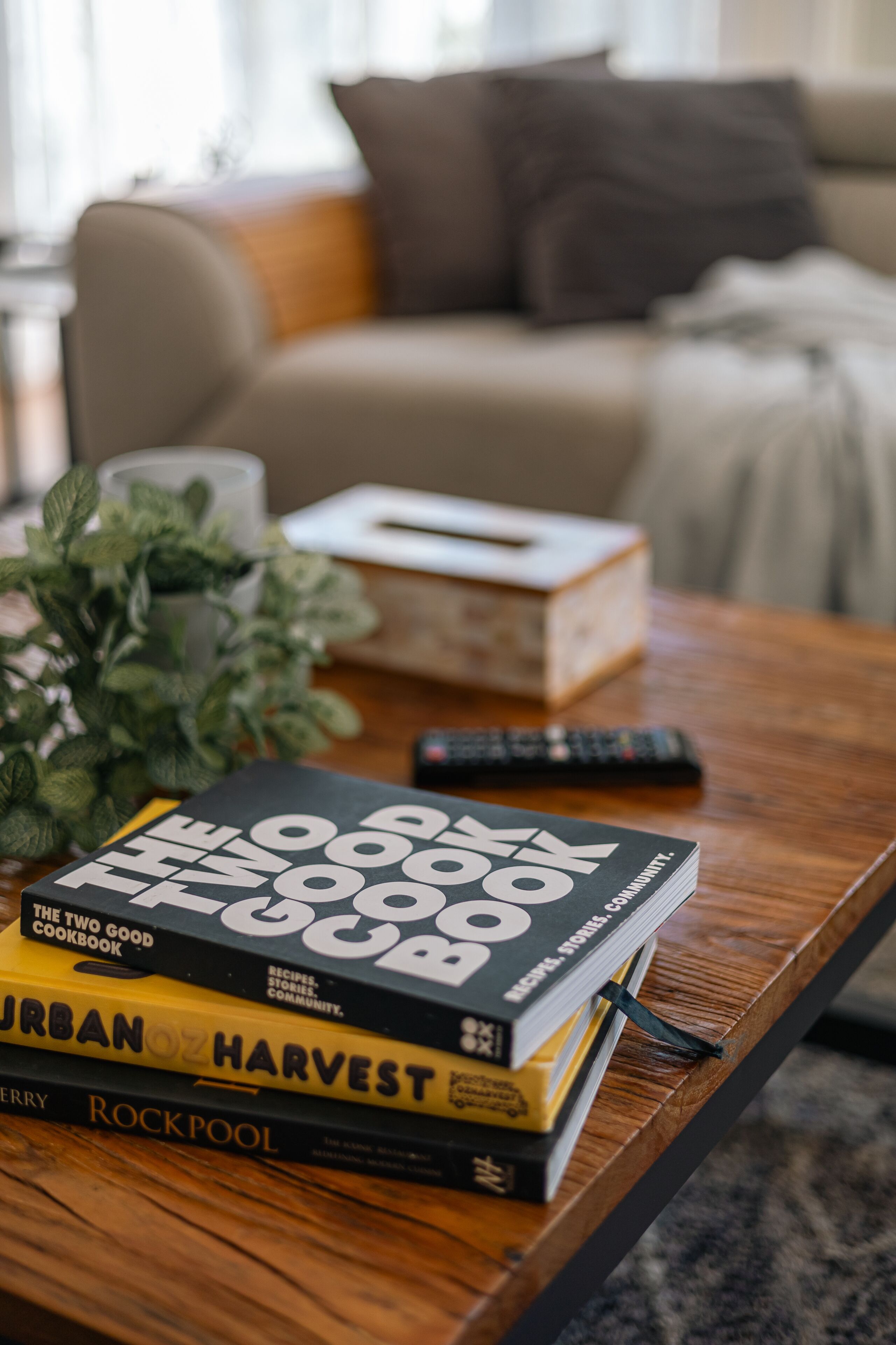 Una pila de libros de cocina sobre una mesa de madera, con un control remoto y una planta a un lado.