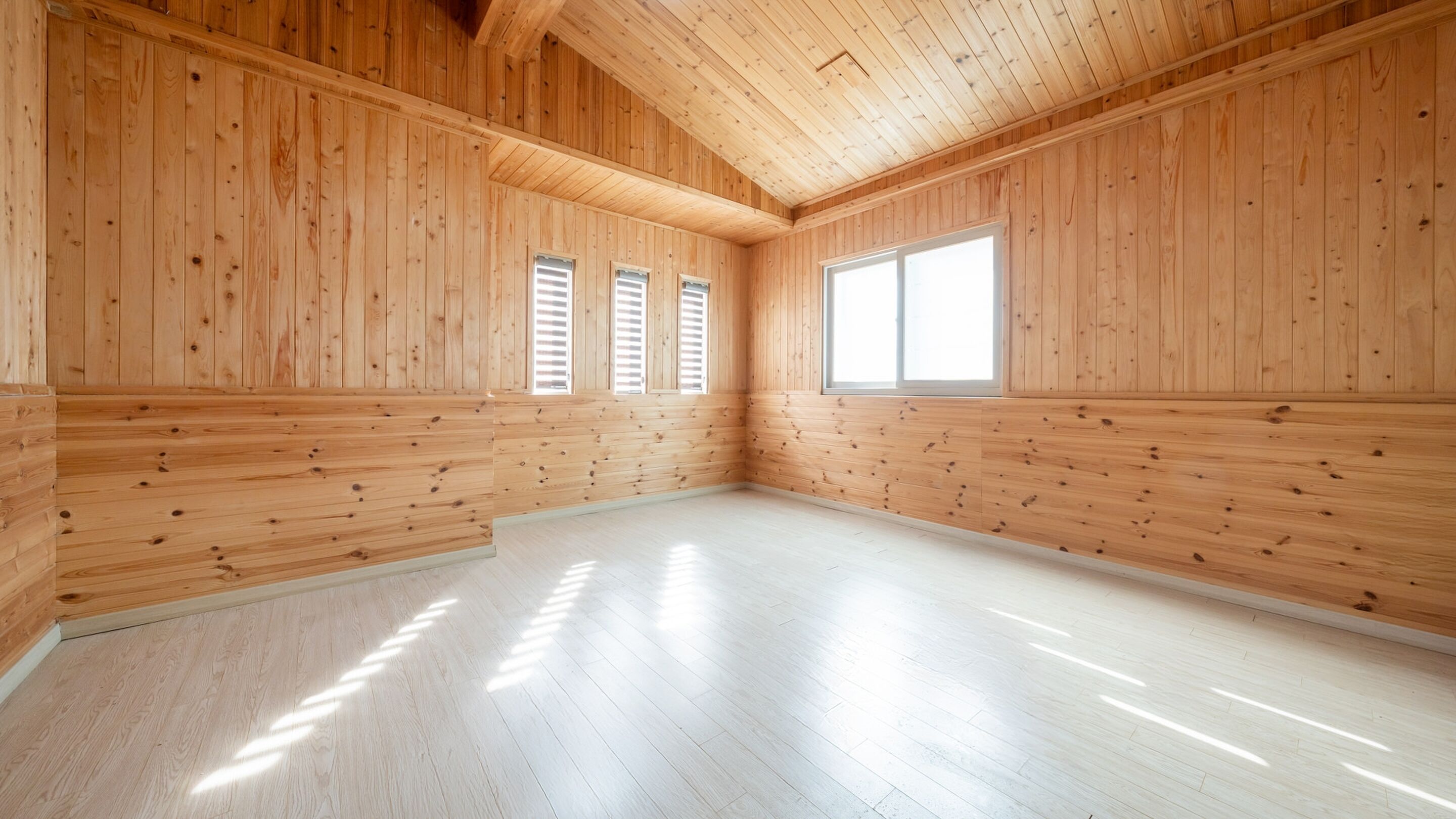 A spacious room with wooden walls and a sloped ceiling.