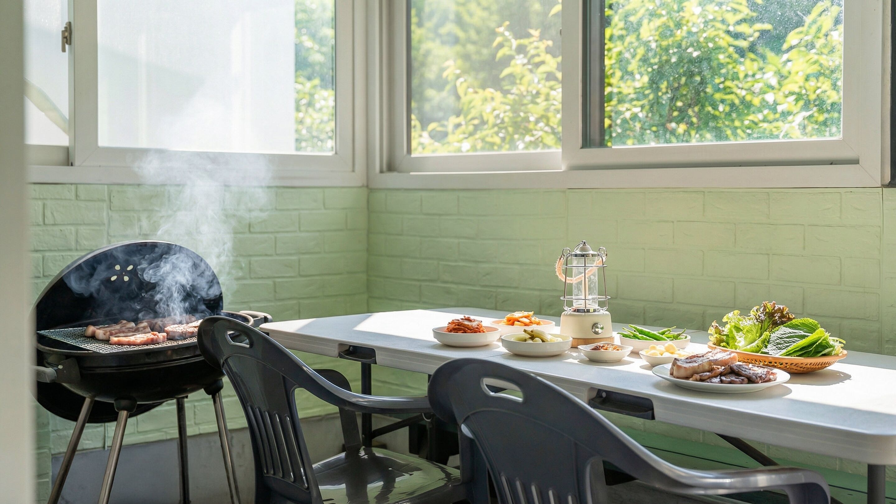 A kitchen with a grill, a table with food, and a window with greenery outside.