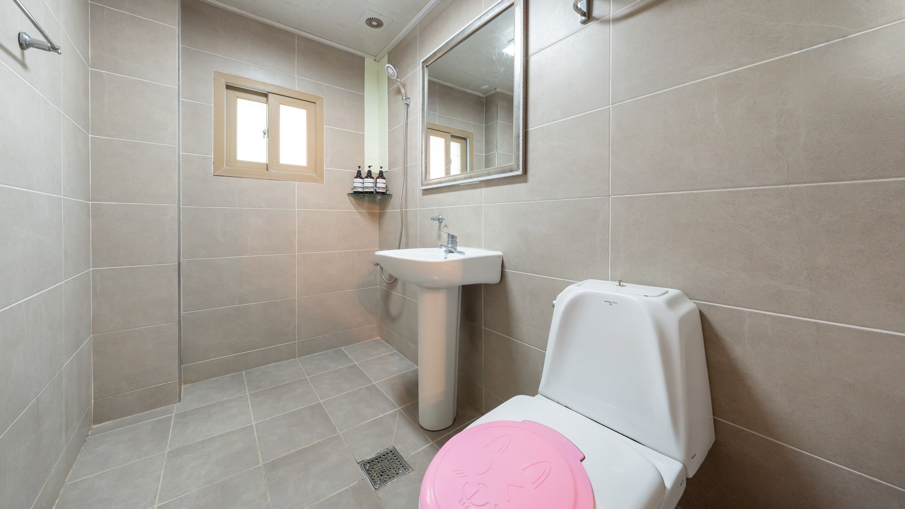 Une salle de bain avec des toilettes, un lavabo et une douche.