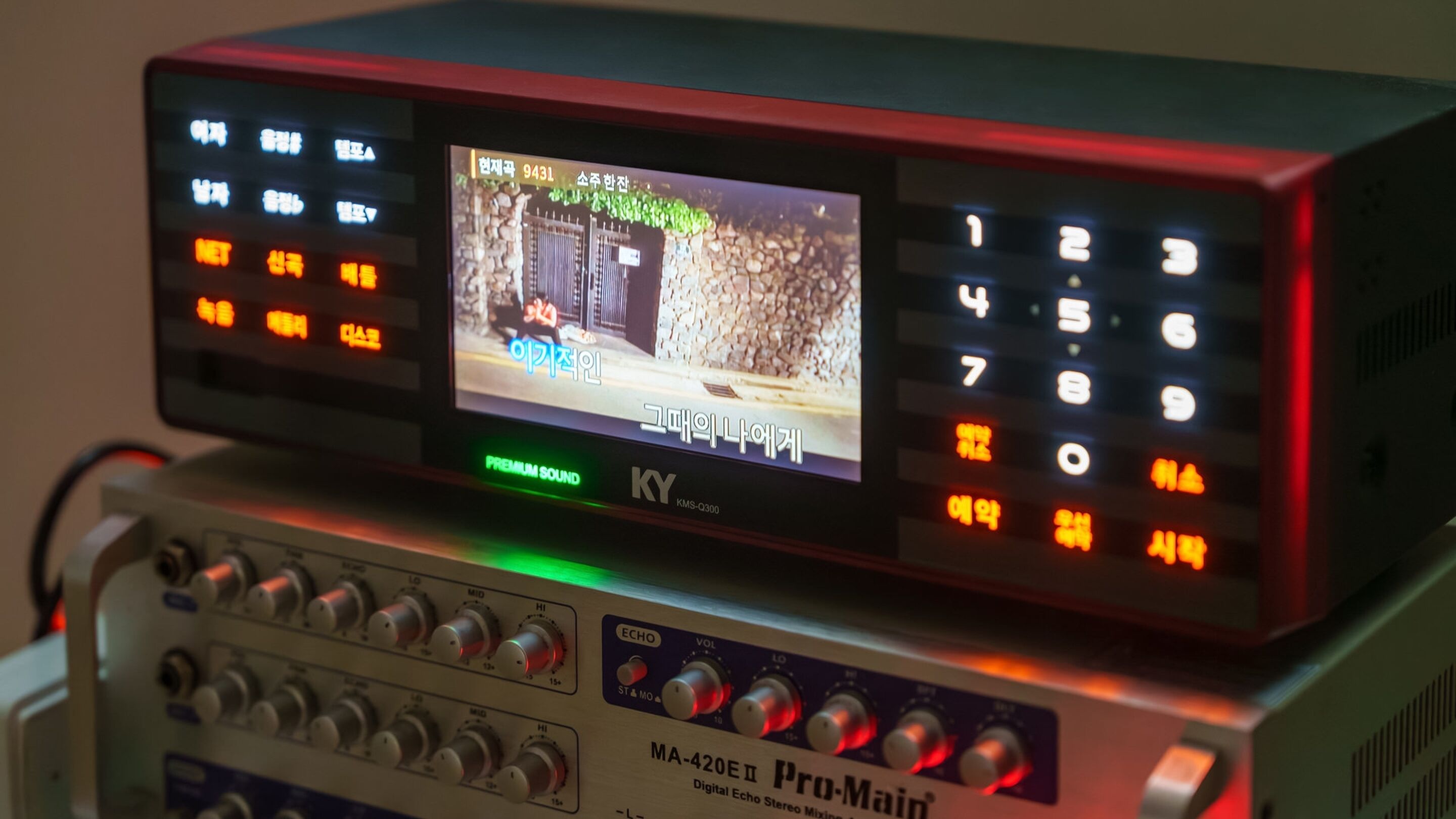 A digital audio mixer with multiple input and output jacks, a display screen, and a keypad.