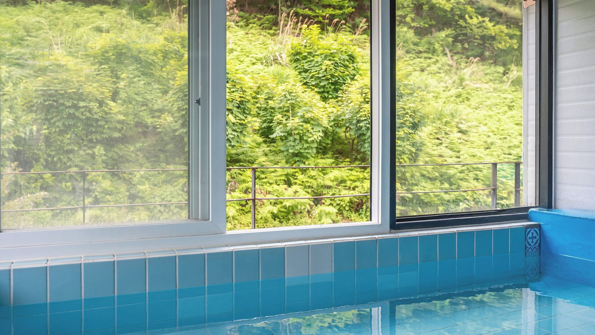 A swimming pool with a view of lush greenery through large windows.
