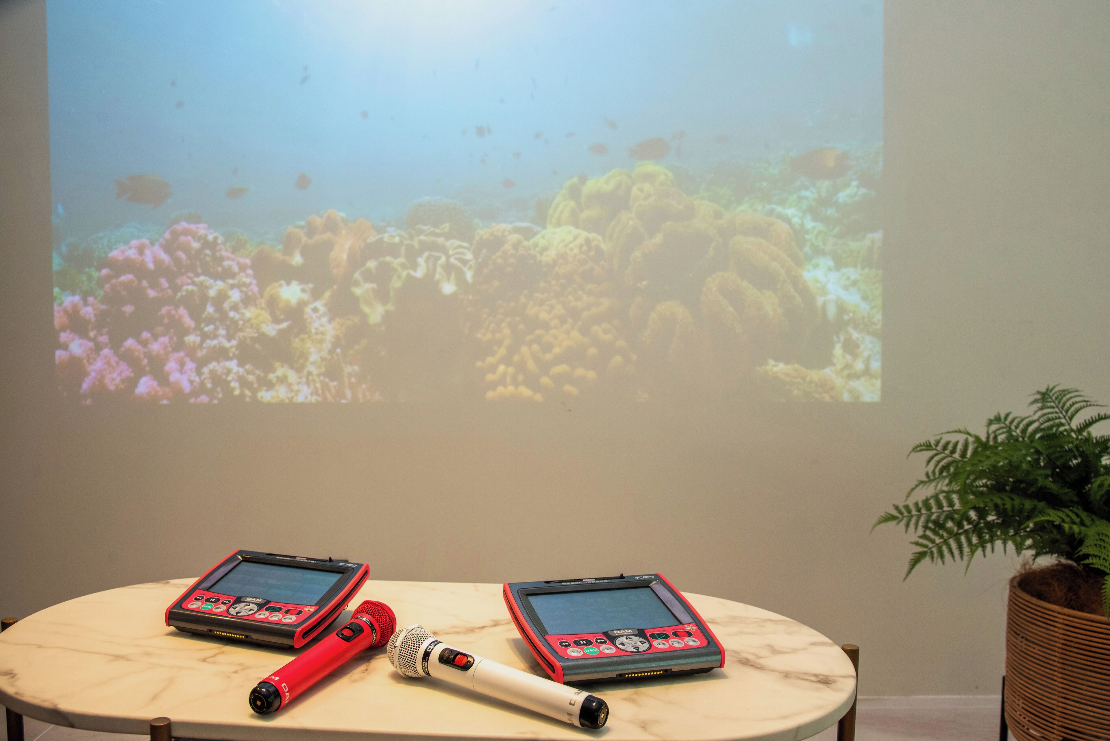 A table with two electronic devices, a red and a white one, and a microphone.
