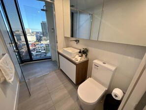 Shower, hair dryer, towels