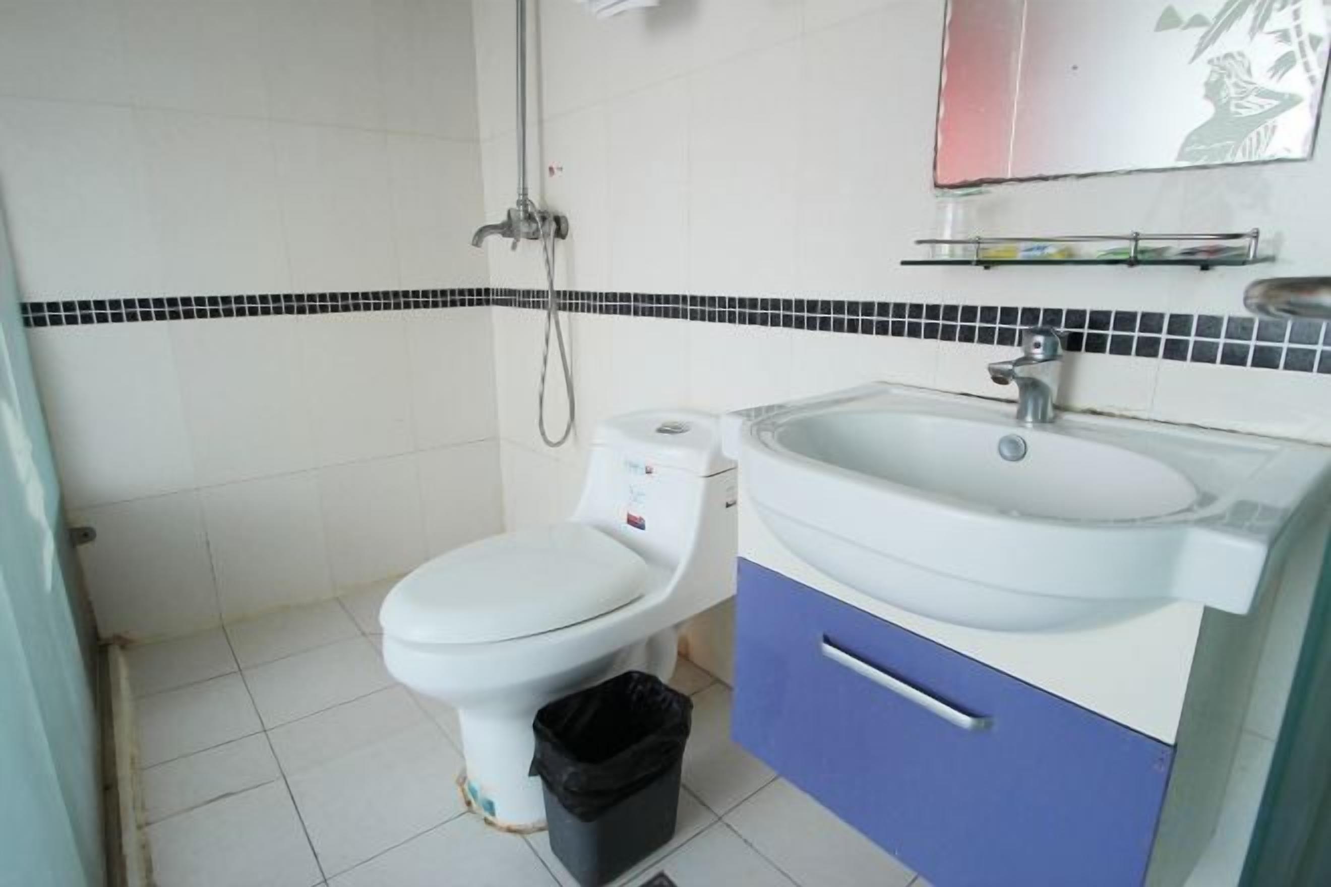 Une salle de bain avec des toilettes, un lavabo et une douche.