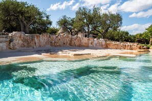 Una piscina trasparente con un muro in pietra e alberi sullo sfondo.