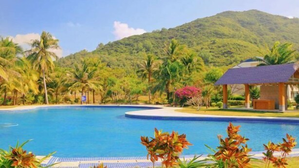 A swimming pool with a pavilion, surrounded by palm trees and a mountain backdrop.