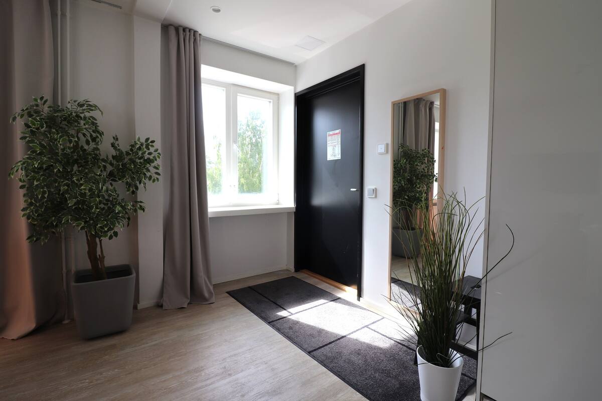 Un couloir moderne avec un plancher en bois, une porte noire, une fenêtre avec des rideaux et des plantes en pot.