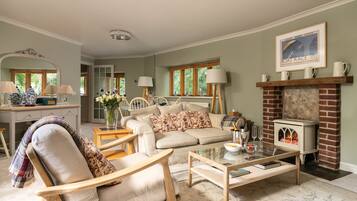 Smart TV, fireplace, books, stereo