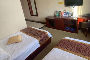 Habitación de hotel con dos camas individuales, un escritorio con silla, un televisor y un zapatero.