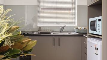 Mini-fridge, microwave, oven, stovetop