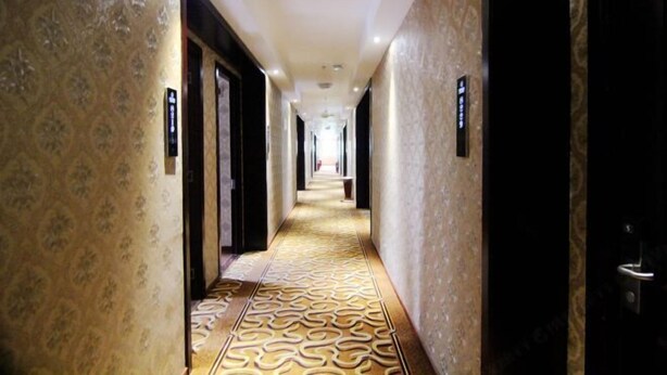 A hotel hallway with patterned carpet and wallpaper, doors, and a light fixture on the ceiling. - Ligang Hotel (Chongqing)