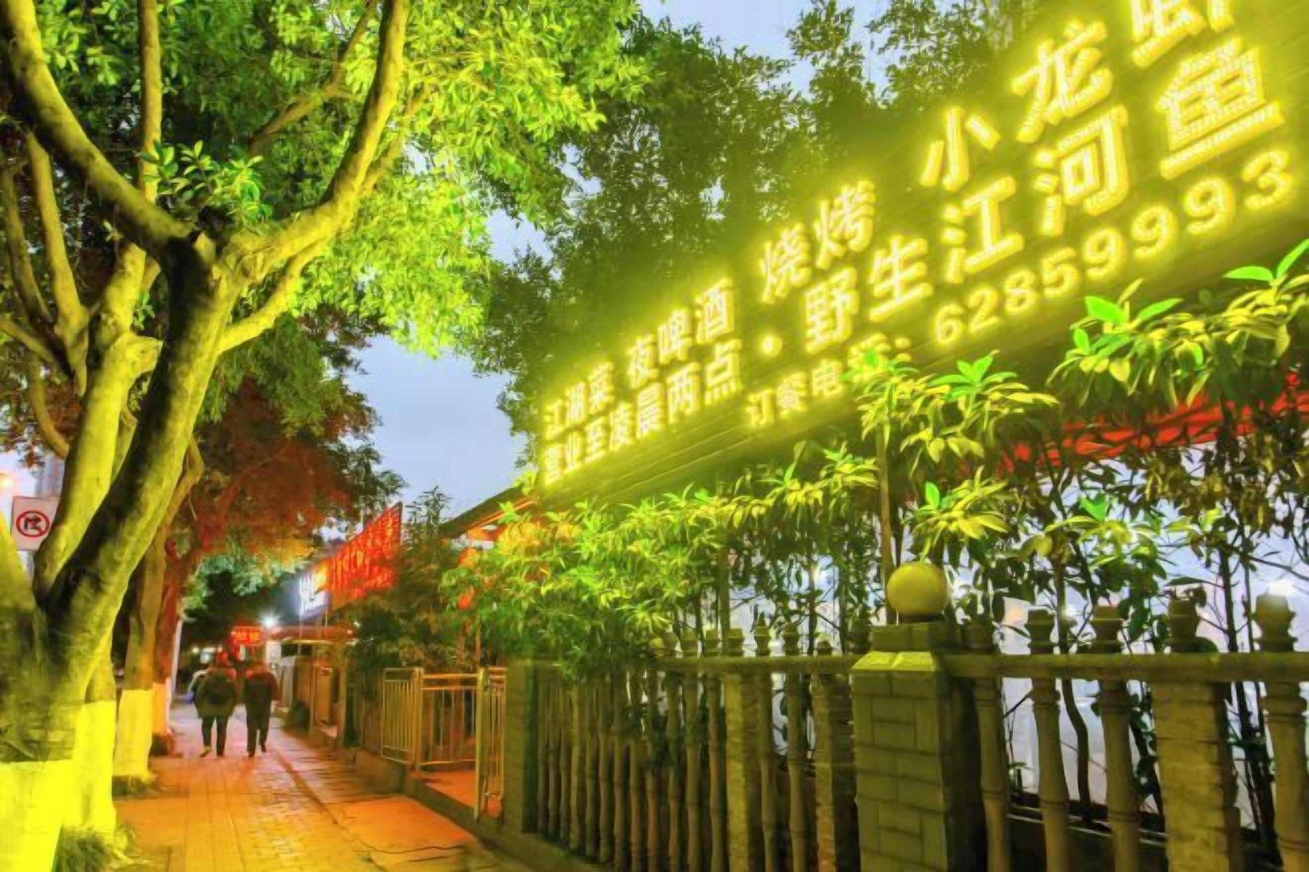 A pathway lined with trees and a neon sign with text and numbers.