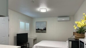 Camera d'albergo compatta con un letto, una TV, una piccola scrivania e un forno a microonde.