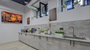 A modern kitchen with a marble countertop, stainless steel sink, and built-in cabinets. There are potted plants on the windowsill and a painting on the wall. - Hostel Pro (Bishkek)