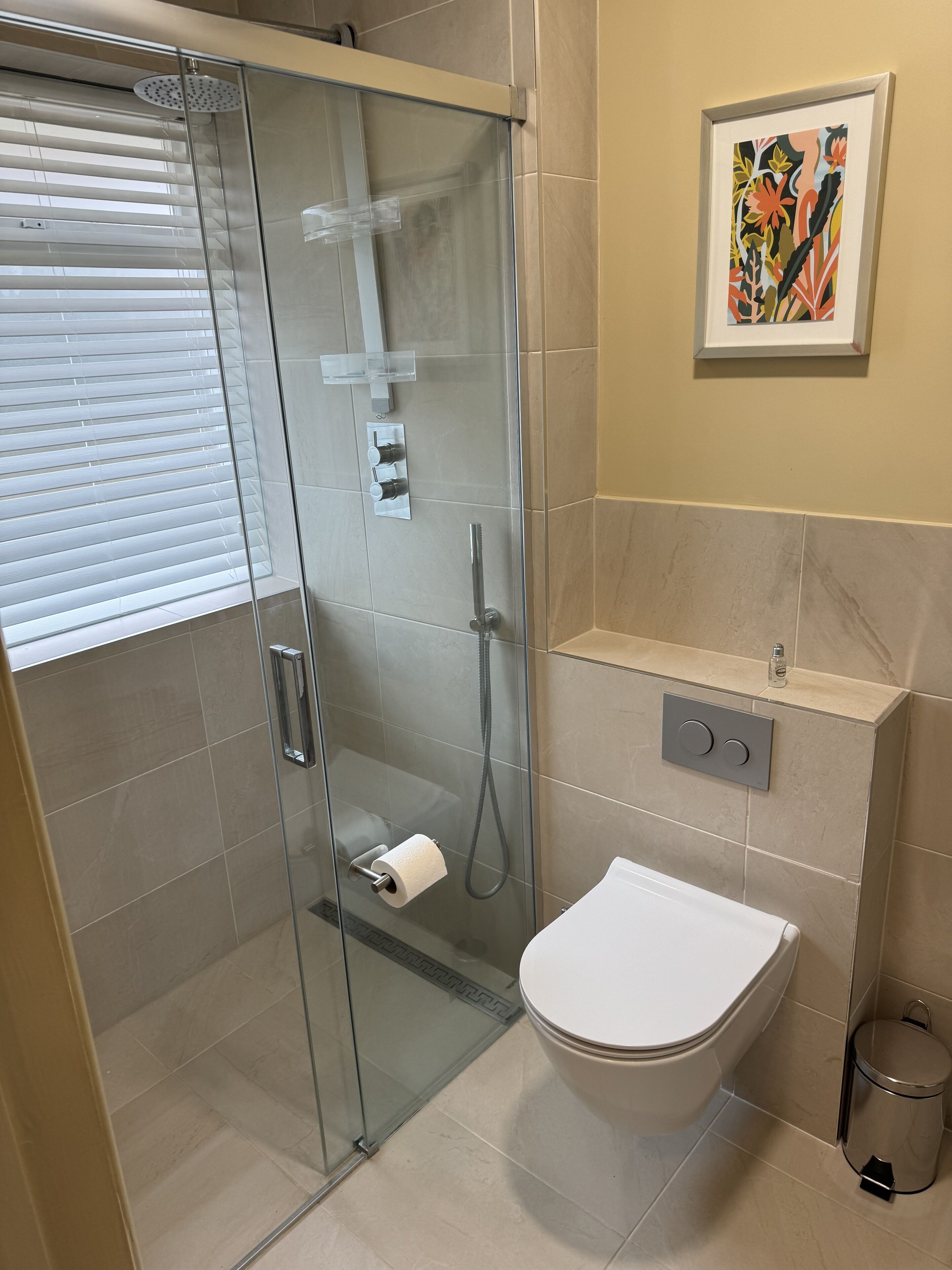 Shower, towels, soap, shampoo