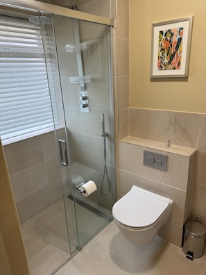 Shower, towels, soap, shampoo