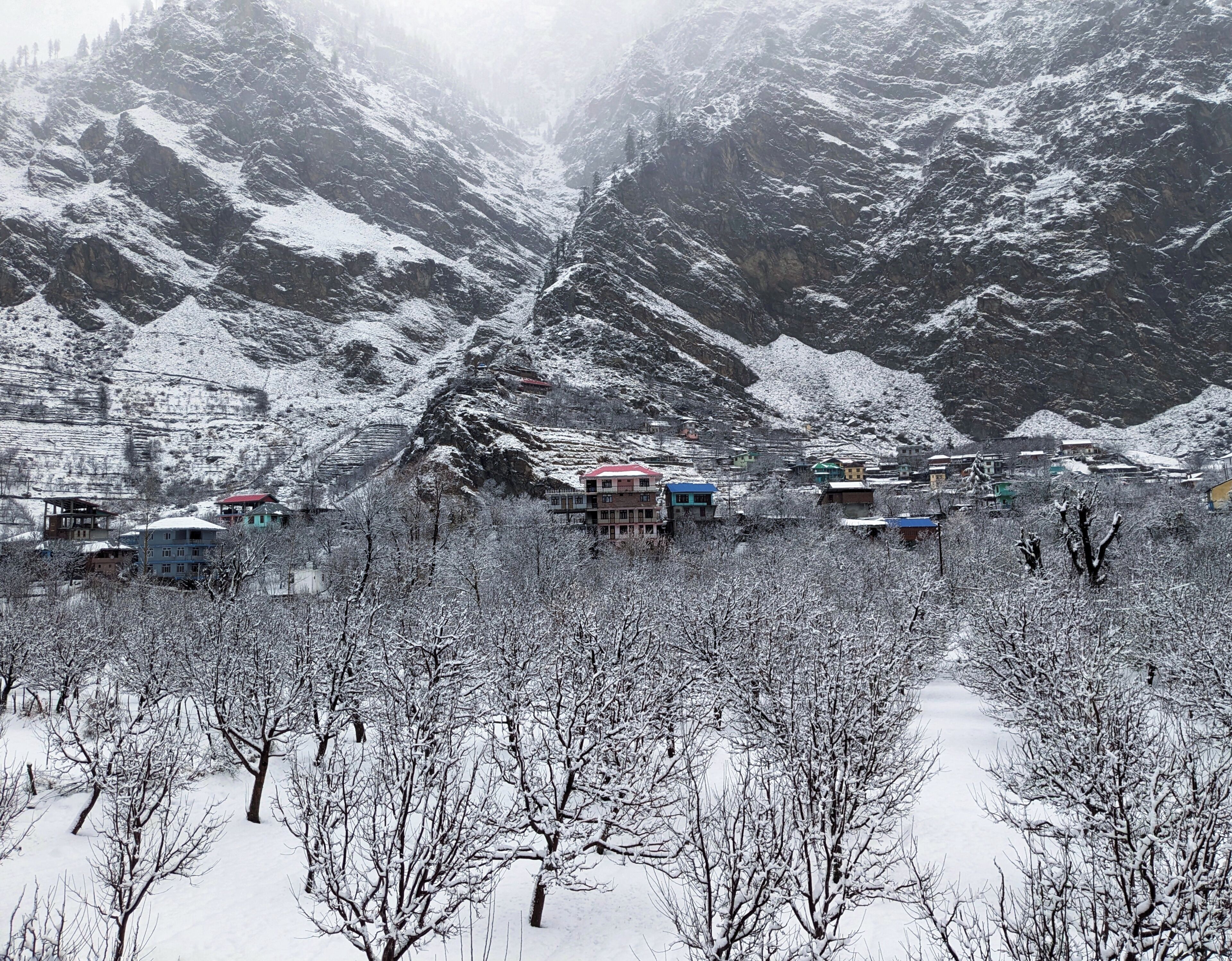 A mountainous village with snow-covered buildings and trees.