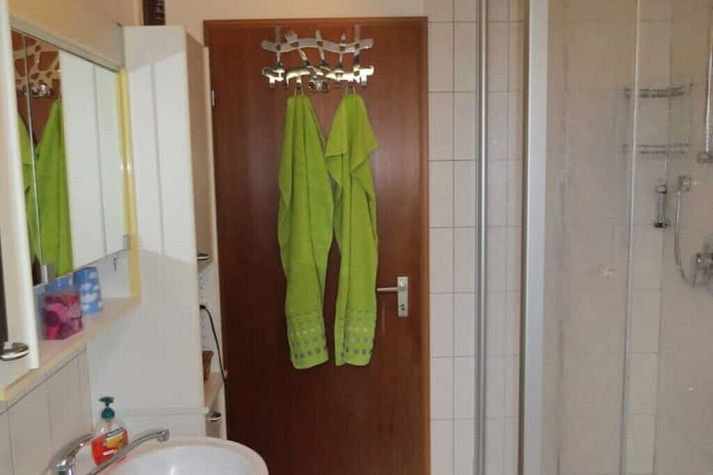 A bathroom with a wooden door, a mirror, a sink with a soap dispenser, and a shower area.