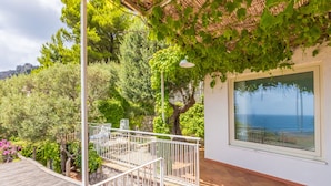 Une terrasse dotée d’une balustrade blanche, une pergola couverte de plantes grimpantes vertes et une vue sur la mer, visible à travers une fenêtre.
