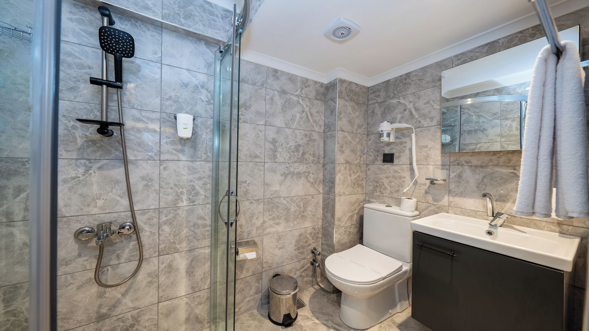 A modern bathroom with a glass-enclosed shower, a toilet, and a sink with a mirror above it.