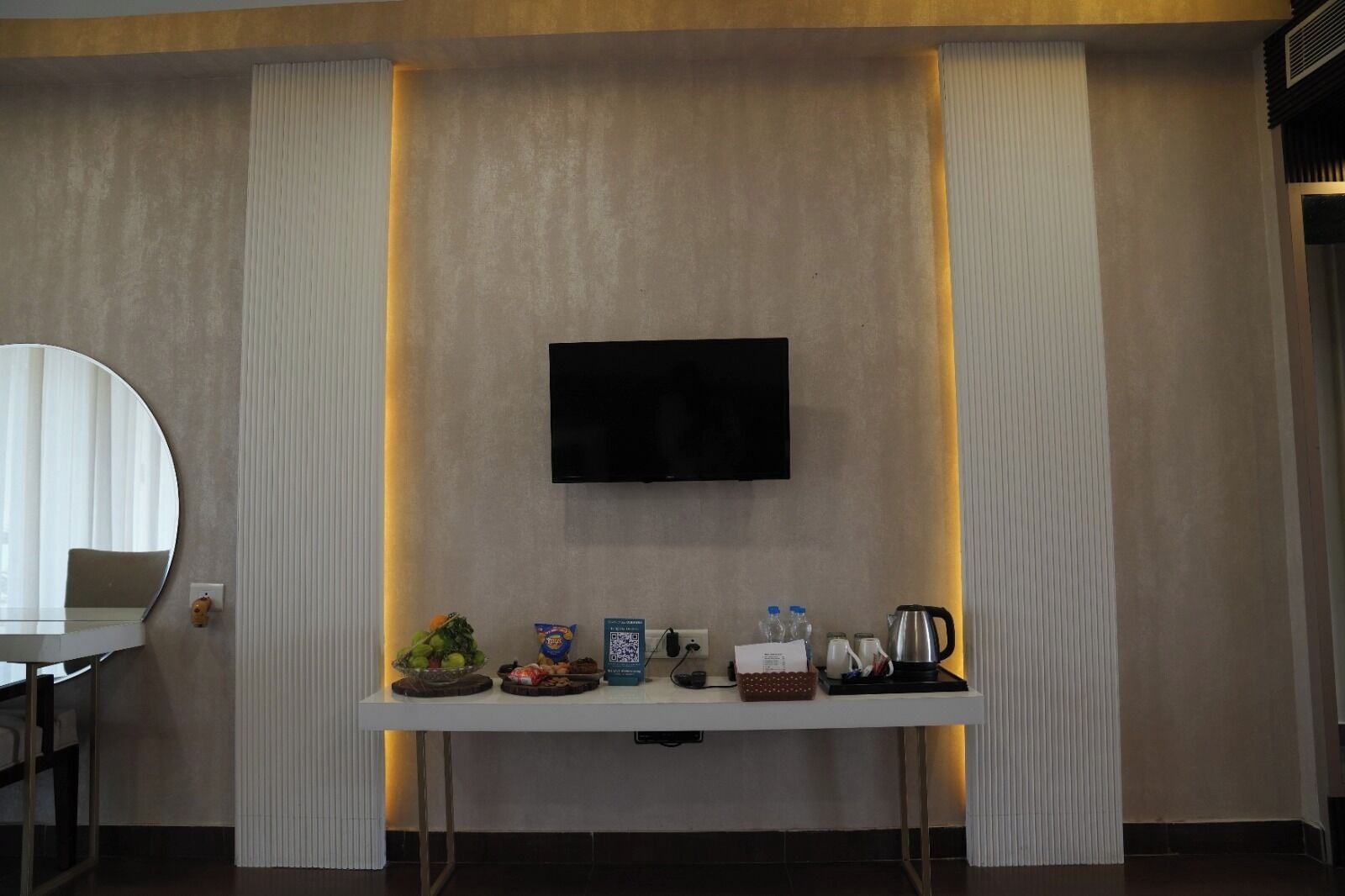 Minibar, desk, laptop workspace, iron/ironing board