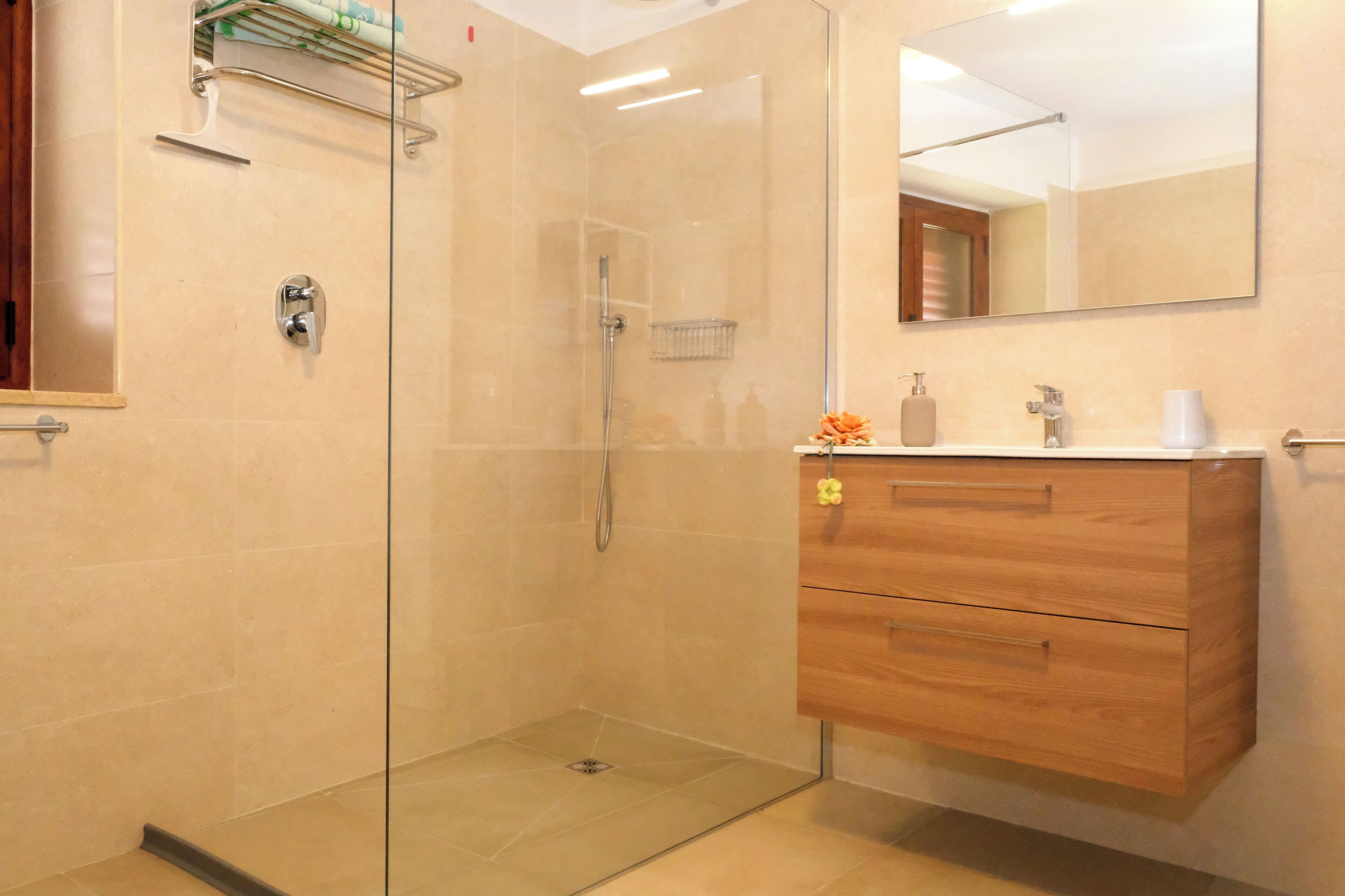 Shower, hair dryer, bidet, towels