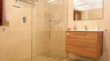 Shower, hair dryer, bidet, towels