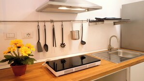 Ett kök med en diskho i rostfritt stål, en svart induktionshäll, en krukväxt och diverse köksredskap som hänger på väggen.