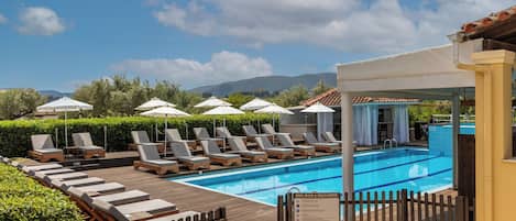 Seasonal outdoor pool, pool umbrellas, sun loungers