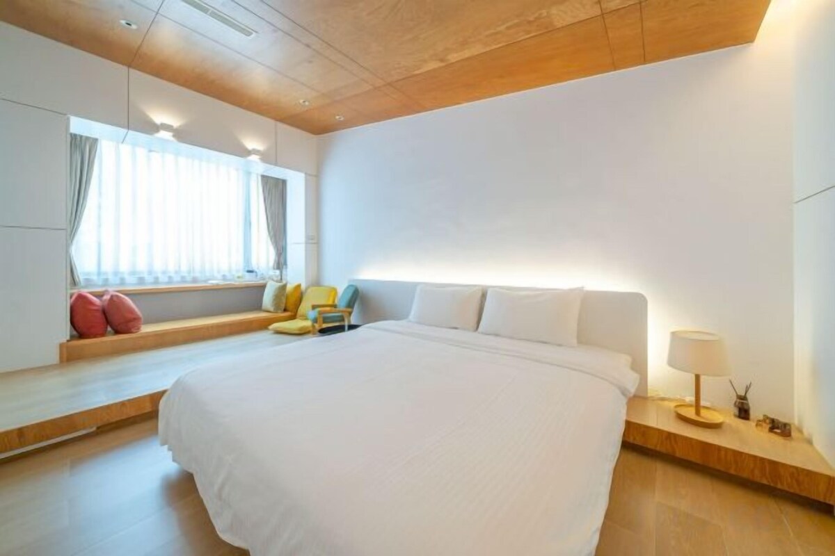 Desk, laptop workspace, blackout curtains, free WiFi