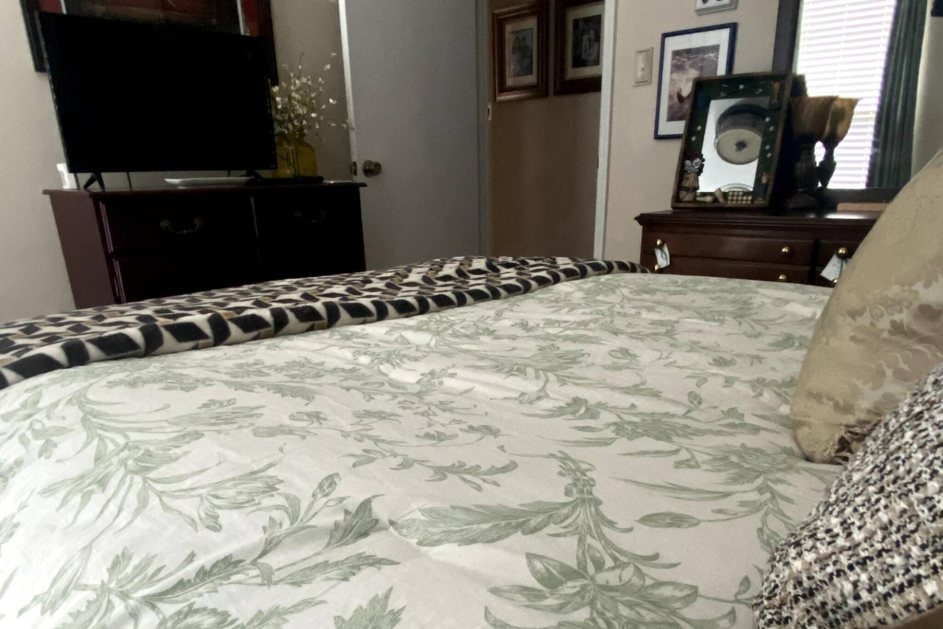 Une chambre à coucher avec un lit, une commode, un téléviseur et des tableaux encadrés accrochés au mur.